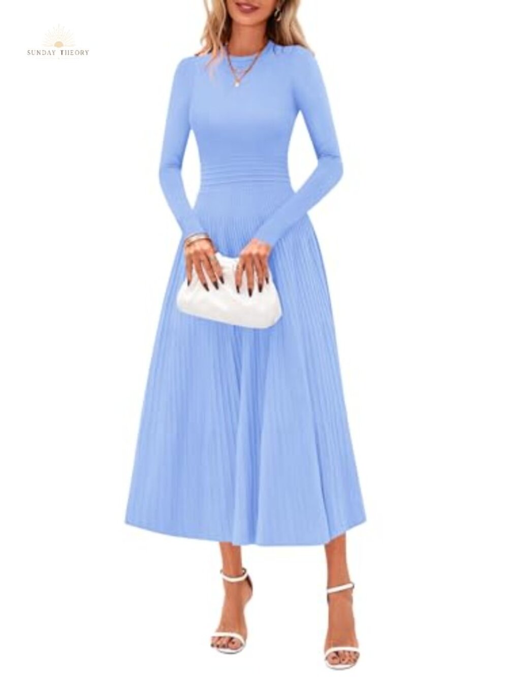 Long Sleeve Knit Maxi Sweater Dress Pleated A-Line Midi